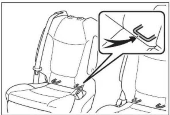 Diagram showing car seatbelt buckle adjustment with magnified detail highlighting the switch mechanism