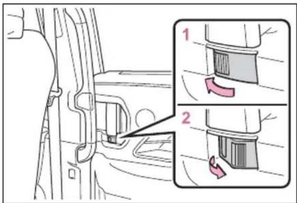 Diagram showing car seatbelt adjustment with numbered instructions and directional arrows indicating rotation or movement.