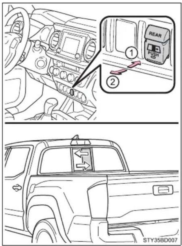 Diagram showing car interior and rearview view with labeled buttons and directional arrows, including a 'STY35BD007' label.