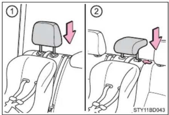 Diagram showing car seatbelt buckle assembly with two instructions for lifting a seatbelt, labeled ① and ②.