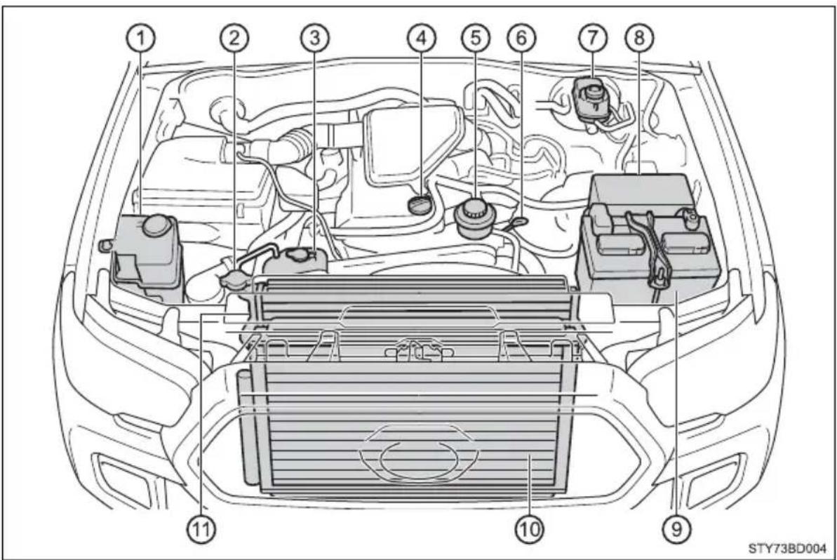 Diagram of car engine compartment with numbered parts for identification