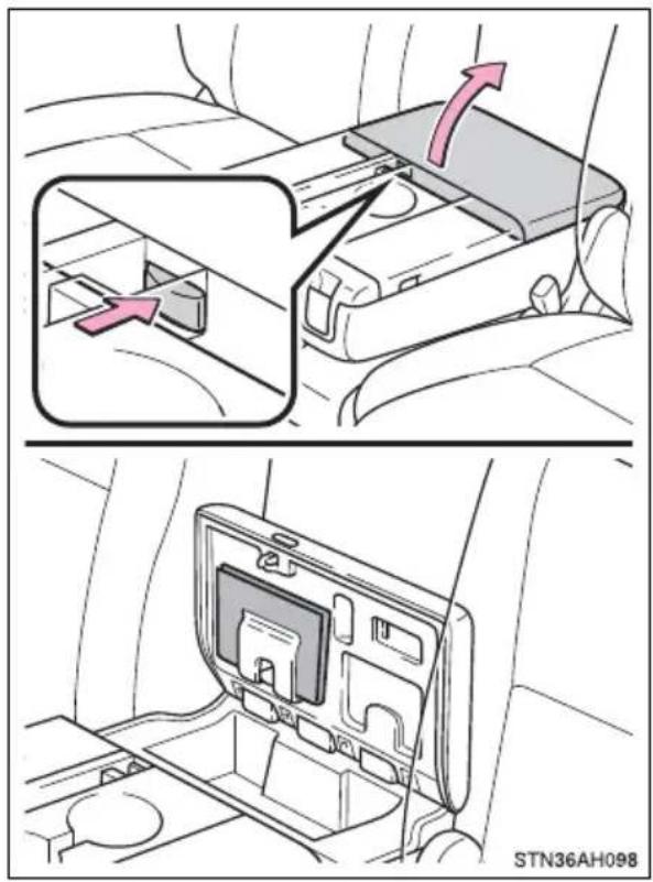 Diagram showing car interior compartments with directional arrows indicating movement, including a zoomed-in view of the main compartment.