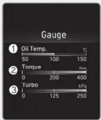 Gauge ① Oil Temp. 50 100 150 ② Torque 0 200 Nm 400 ③ Turbo 0 125 kPa 250