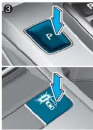 Diagram showing two car door buttons with blue labels and arrows, one pointing down to a parking icon.