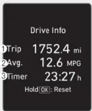 Drive Info ①Trip 1752.4 mi ②Avg. 12.6 MPG ③Timer 23:27 h Hold OK: Reset