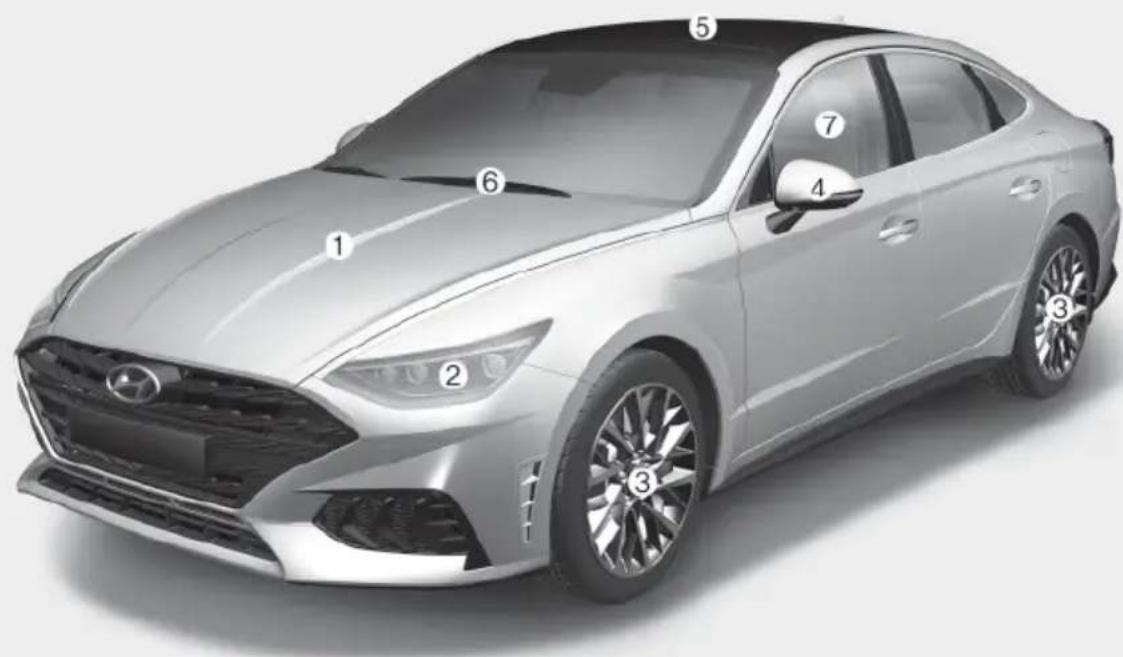 Diagram of a silver sedan with numbered parts for identification and assembly reference.