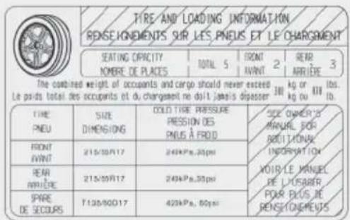 TIRE AND LOADING INFORMATION RENSEIGNEMENTS SUR LES PNEUS ET LE CHARGEMENT SEATING CAPACITY TOTAL 5 FRONT 2 REAR 3 NOMERE DE PLACES AVANT ARRÊDE The combined weight of occupants and cargo should never exceed 30 kg or 100 lbs. Le pays total des occupants et du chargement ne dait jamais déposer III kg ou III lb. TIRE SIZE COLD TIRE PRESSURE SEE OWNER'S PNEU PRESSION DES MANUEL FOR AVANT ADDITIONAL FRONT 215/10/17 240kPa.30ppm INFORMATION AVANT PEAR 215/10/17 240kPa.30ppm VOIR-LE MANUEL MAINTÉE DE L'USAGER SPARE T135/10/17 420kPa. 50ppm POUR PLUS DE DE SECOURS RENSEIGNEMENTS