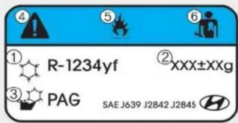 ④ ⑤ ⑥ ① R-1234yf ② XXX±XXg ③ PAG SAE J639 J2842 J2845