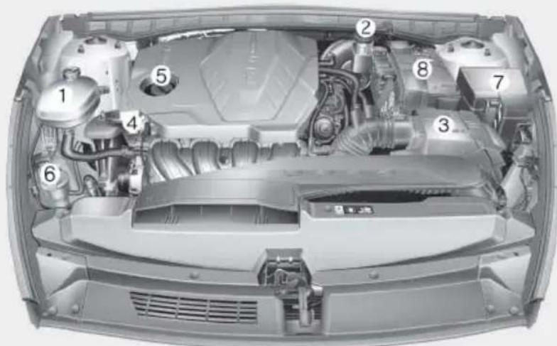 Technical diagram of a car engine bay with numbered components for identification