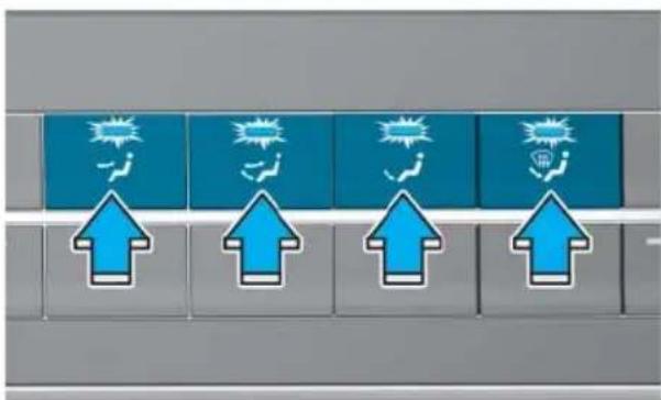 Four blue directional buttons with icons and arrows, each pointing up to a sun or flame symbol