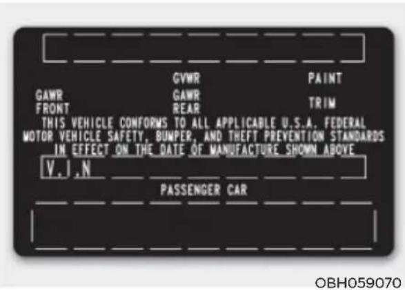 GVWR PAINT GAWR GAWR TRIM FRONT REAR THIS VEHICLE CONFORMS TO ALL APPLICABLE U.S.A. FEDERAL MOTOR VEHICLE SAFETY, BUMPER, AND THEFT PREVENTION STANDARDS IN EFFECT ON THE DATE OF MANUFACTURE SHOWN ABOVE V.J.N PASSENGER CAR OBH059070