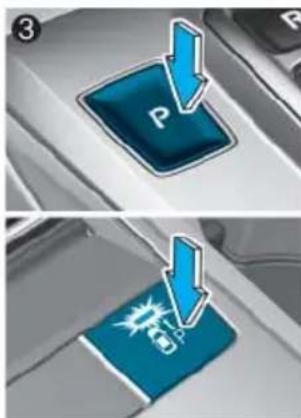Diagram showing two blue keys labeled 'P' and 'E', with arrows pointing to them, indicating a parking or parking-related action.