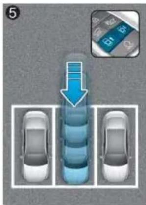 Diagram showing car parking arrangement with a blue arrow indicating downward movement, alongside a small inset of a car's price display.