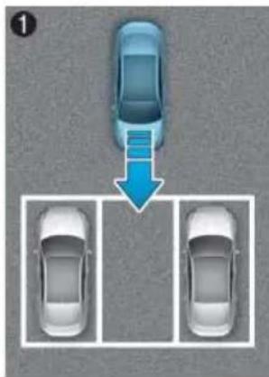 Diagram showing a car moving in a parking lot with two cars parked, one highlighted by a blue arrow.