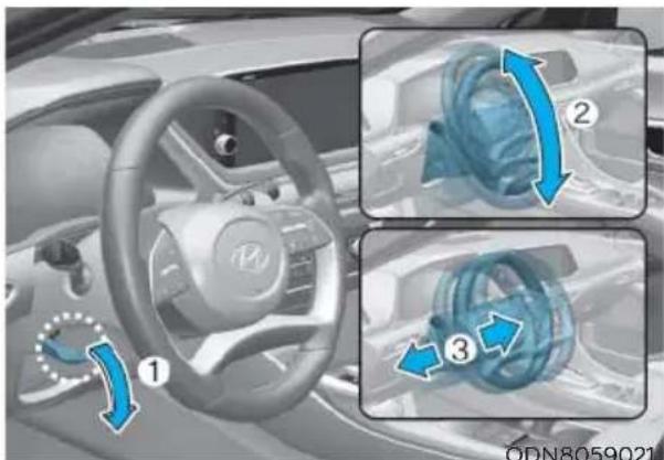Diagram showing car steering wheel and three blue-labeled mechanical components with directional arrows indicating motion or movement.