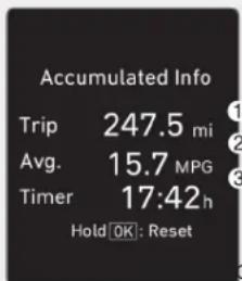 Accumulated Info Trip 247.5 mi Avg. 15.7 MPG Timer 17:42 h Hold OK : Reset