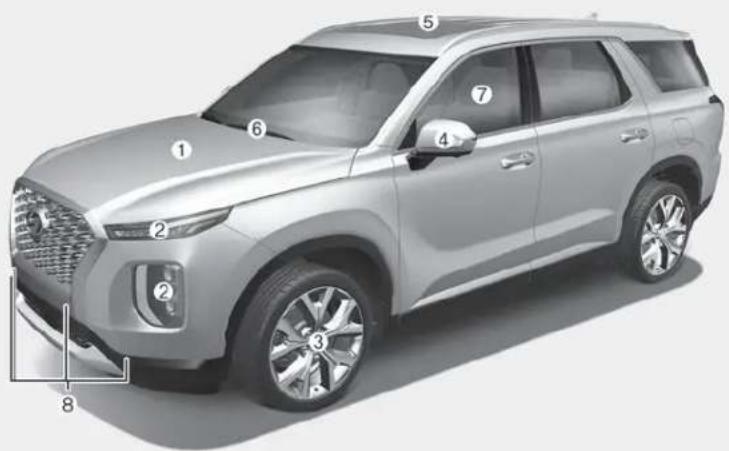 Technical diagram of a silver SUV with numbered component labels for identification.