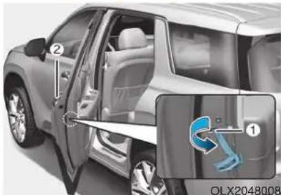 Diagram showing car door and side view with labeled parts, including a highlighted blue arrow and 'OLX204800B' label.