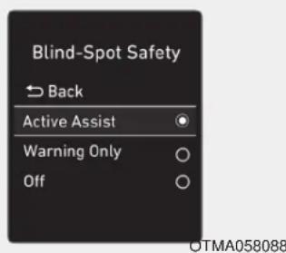 Blind-Spot Safety → Back Active Assist Warning Only Off OTMA058088