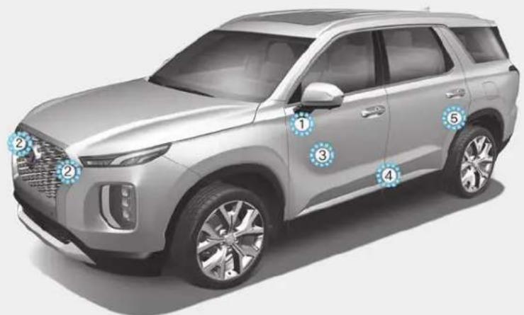 Diagram of a silver SUV with numbered component labels pointing to specific areas on the side.