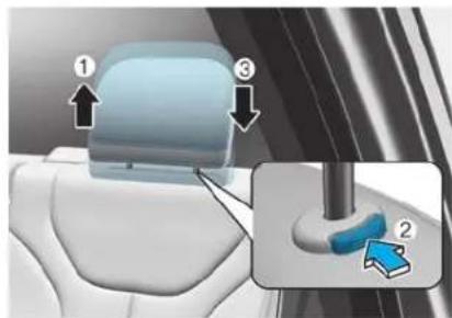 Diagram showing car seatbelt components with numbered labels and a close-up of the component being inserted into a blue tool.