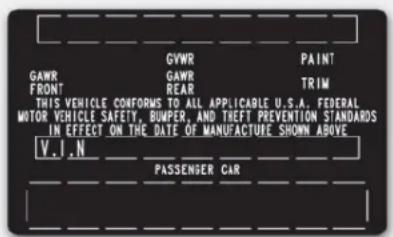 GVWR PAINT GAMR GAMR FRONT REAR TRIM THIS VEHICLE CONFORMS TO ALL APPLICABLE U.S.A. FEDERAL MOTOR VEHICLE SAFETY, BUMPER, AND TREFT PREVENTION STANDARDS IN EFFECT ON THE DATE OF MANUFACTURE SHOWN ABOVE V.I.N PASSENGER CAR