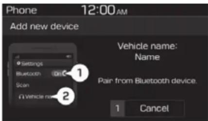 Phone 12:00 AM Add new device Vehicle name: Name Pair from Bluetooth device. 1 Cancel