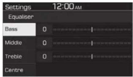 Settings 12:00AM Equaliser Bass 0 Middle 0 Treble 0 Centre