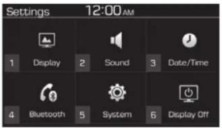Settings 12:00AM 1 Display 2 Sound 3 Date/Time 4 Bluetooth 5 System 6 Display Off