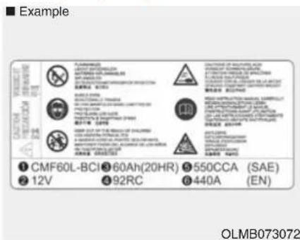 ■ Example CAUTIONS VEGETABLE TEST 1 CMF60L-BCI 360Ah(20HR) 5550CCA (SAE) 2 12V 492RC 6440A (EN) OLMB073072