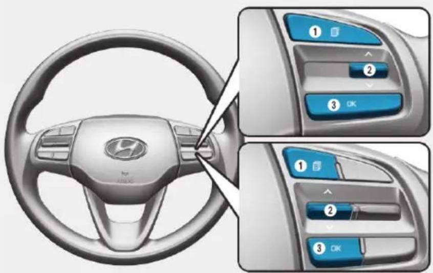 Diagram of a car steering wheel with three labeled buttons (OK) and a logo, showing interior and exterior views.