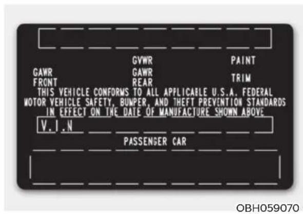 GVWR PAINT GAMR GAWR FRONT REAR TRIM THIS VEHICLE CONFORMS TO ALL APPLICABLE U.S.A. FEDERAL MOTOR VEHICLE SAFETY, BUMPER, AND THEFT PREVENTION STANDARDS IN EFFECT ON THE DATE OF MANUFACTURE SHOWN ABOVE V.I.N PASSENGER CAR OBH059070