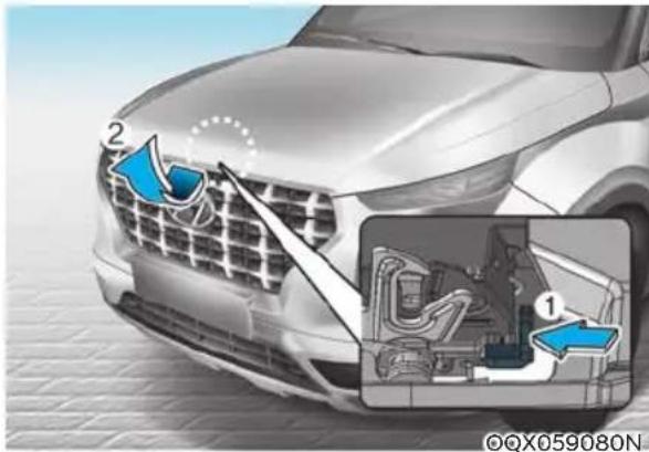 Diagram of car frontview showing grille cleaning and engine components with labeled parts 1 and 2