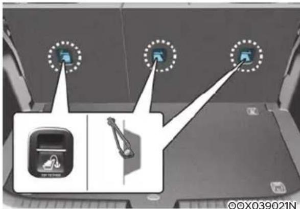 Diagram showing vehicle rearview positioning with labeled camera and sensor points, including a zoomed-in view of the camera module.