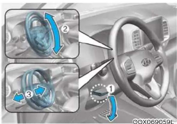 Diagram illustrating car steering wheel and steering wheel assembly with numbered steps and directional arrows