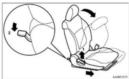 Diagram illustrating seatbelt buckle assembly with labeled parts and directional arrows indicating movement