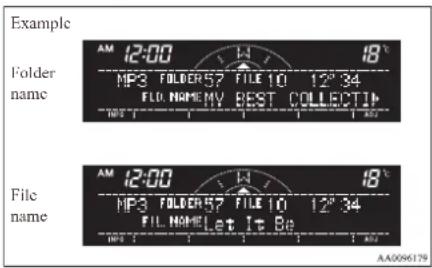Example Folder name 12:00 H 18° MP3 FOLDER57 FILE 10 12° 34 FLO. NAMEY BEST COLLECTI# NWS 1 1 1 1 1 1 File name 12:00 H 18° MP3 FOLDER57 FILE 10 12° 34 FIL. NAME Let It Be NWS 1 1 1 1 1 1 AA0096179