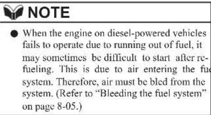 NOTE ● When the engine on diesel-powered vehicles fails to operate due to running out of fuel, it may sometimes be difficult to start after refueling. This is due to air entering the fuel system. Therefore, air must be bled from the system. (Refer to “Bleeding the fuel system” on page 8-05.)