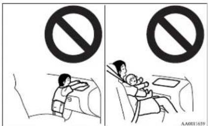 Two-panel cartoon showing a child and a woman in a car, each with a prohibition symbol above their respective illustrations.