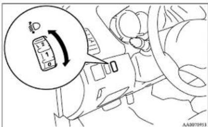 Diagram showing a car interior with a magnified view of a device labeled '1' and a circular arrow indicating rotation or change.