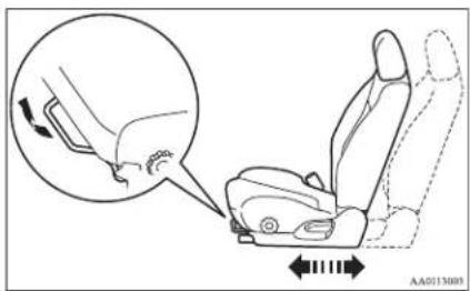Diagram showing car seatbelt buckle adjustment with magnified detail view and directional arrows indicating motion