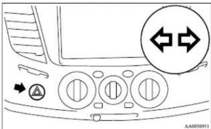 Diagram of car dashboard with directional arrows and traffic sign, showing vehicle interior and control buttons