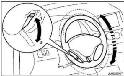 Diagram showing car interior and steering wheel with labeled parts and directional arrows indicating rotation or movement.