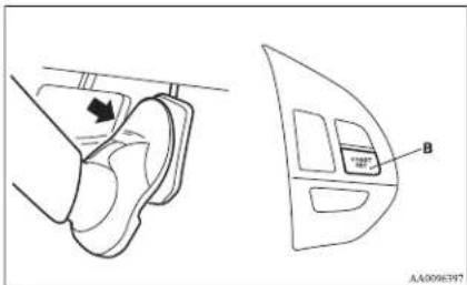 Technical diagram showing a car interior with labeled component B and directional arrow indicating movement or force