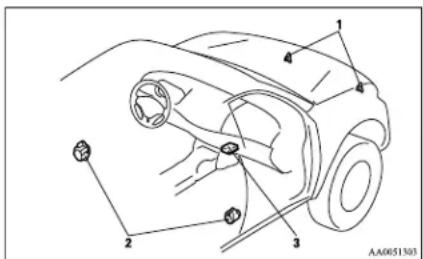 Technical diagram of a car's side panel with numbered components and mounting points