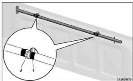 Technical diagram showing a mechanical assembly with an inset close-up of a component labeled J and I.