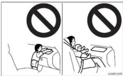 Two-panel illustration showing a child and a baby in a car, each with a prohibition symbol above their respective illustrations.