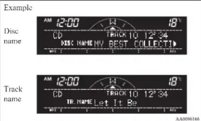 Example Disc name AM 12:00 W 18°C CD TRACK 10 12°34 DISC NAME MY BEST COLLECTI MTT 2 1 AM Track name AM 12:00 W 18°C CD TRACK 10 12°34 TR NAME Let It Be MTT 1 1 AM AA0096166