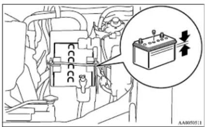 Technical diagram showing a vehicle battery mounted in a car with an inset close-up highlighting the internal components and a warning symbol.