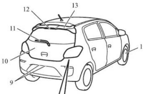 Technical diagram of a car with numbered parts labeled for identification